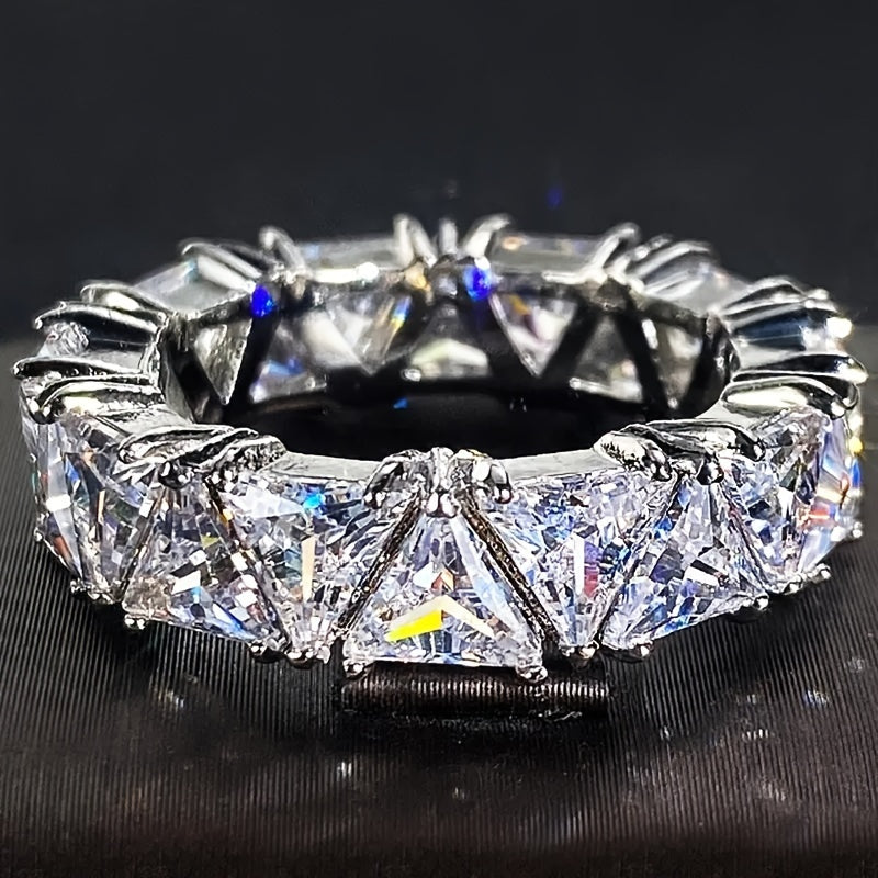 1pc Ring New Light Luxury Niche Fashion Full Circle Single Row Triangular Zirconia Ring Women's Wedding Banquet Wear Ring Jewelry