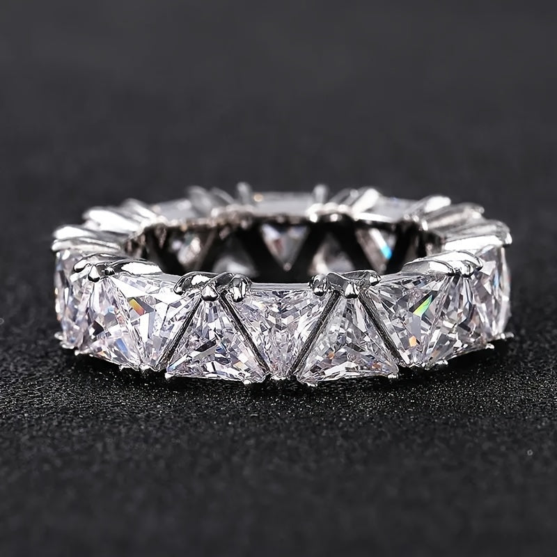 1pc Ring New Light Luxury Niche Fashion Full Circle Single Row Triangular Zirconia Ring Women's Wedding Banquet Wear Ring Jewelry