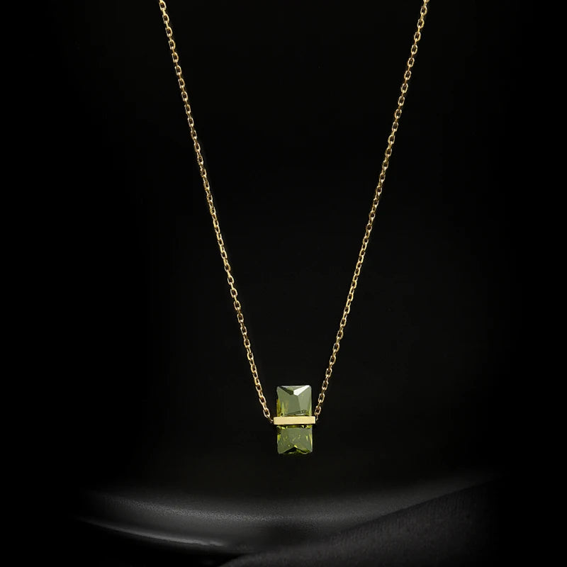 Korean Fashion Simple Olive Green Square Crystal Pendant Titanium Steel Necklace Women's Gift Banquet Jewelry Necklace 2023
