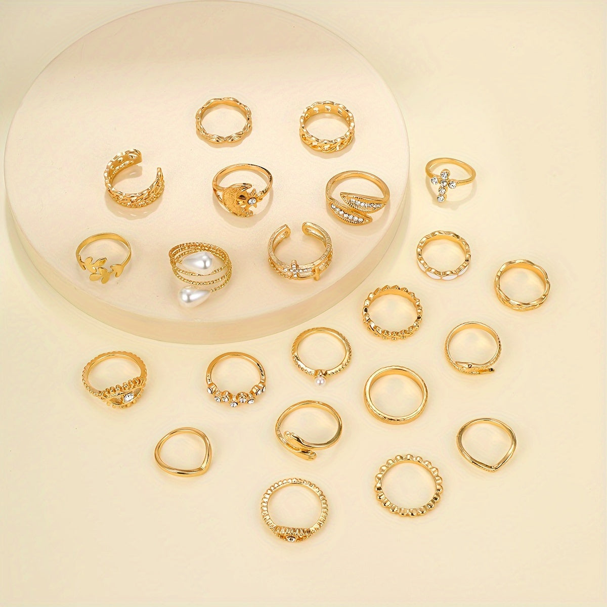 22pcs Vintage Ring Set Embrace/ Evil Eye/ Chain/ Moon & Sun Design Mix And Match For Daily Outfits Party Accessories
