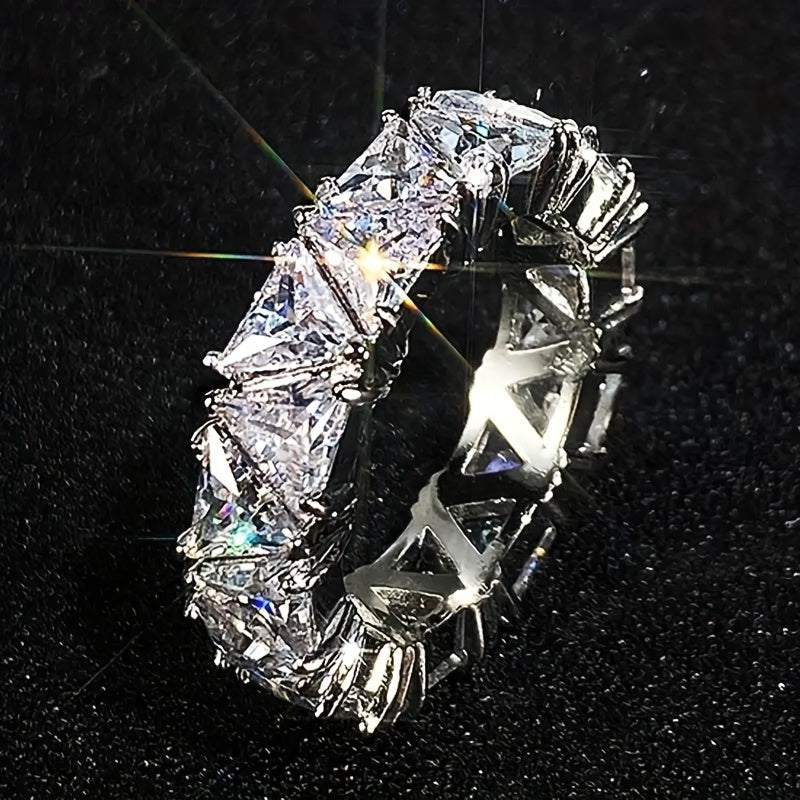 1pc Ring New Light Luxury Niche Fashion Full Circle Single Row Triangular Zirconia Ring Women's Wedding Banquet Wear Ring Jewelry